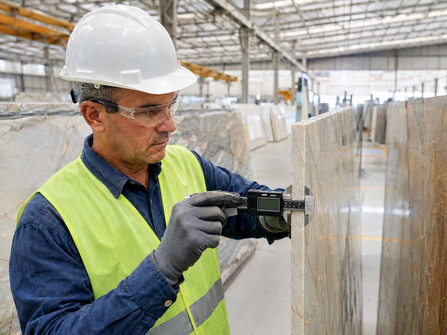 Inspector measuring quartzite slab thickness