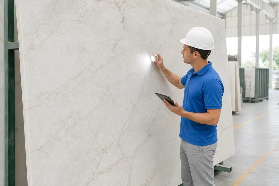Inspetor de qualidade verificando a superfície de uma chapa de rocha clara